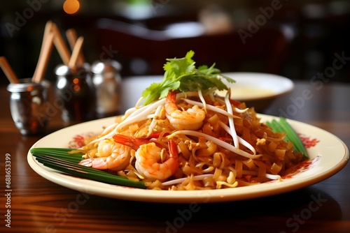 Close up photography of Fried noodle Thai style with prawns on the dark wood table © Alice