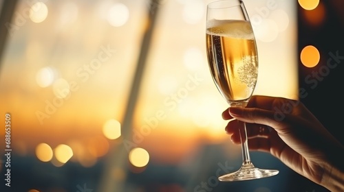 White wine in a glass in female hand. Close-up view of a beautiful woman holding glass with white wine. Alcoholic drinks. Drinking wine. photo
