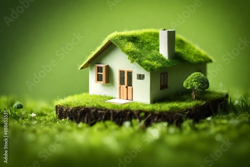 eco house in green environment miniture house on grass.- photo