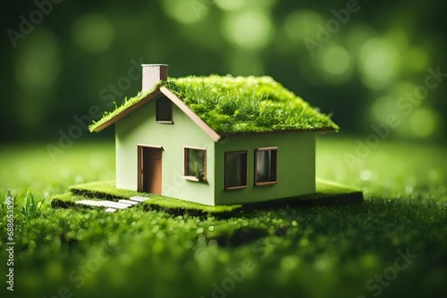 **eco house in green environment miniture house on grass.- photo