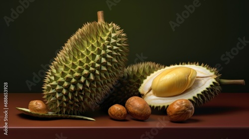 Durian and walnut on the table. Durian is a king of fruits. 3D illustration. Healthy Food Concept with Copy Space.