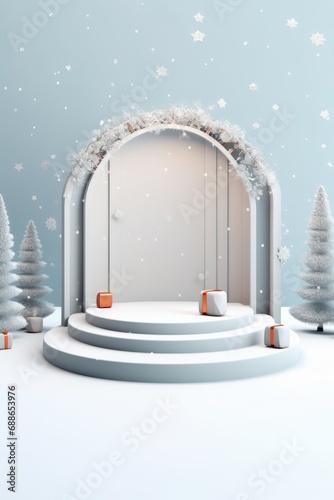 Merry Christmas banner with stage product display cylindrical shape and festive decoration for Christmas, snow background, promotion display, 3D rendering product display platform.