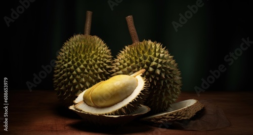 Durian fruit on wooden table with dark background. Durian is a king of fruit. 3D illustration. Healthy Food Concept with Copy Space.