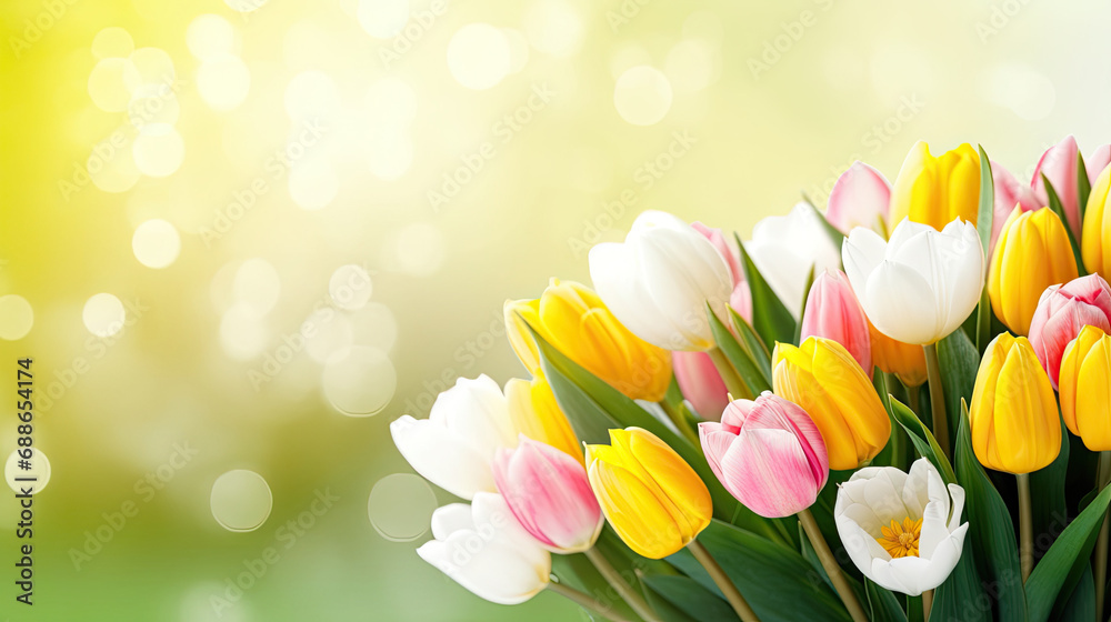 bouquet of tulips,  Pink, yellow and white fresh tulip flowers and green leaves over garden bokeh background