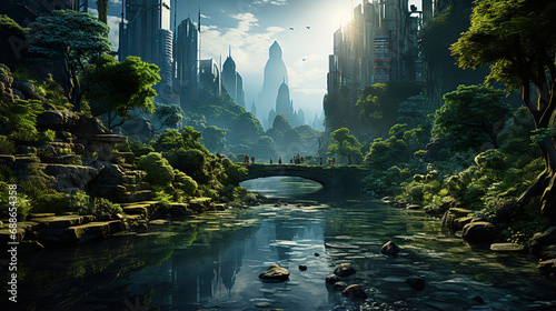 Futuristic City Surrounded by Trees and a River. Generative Ai