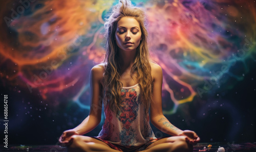 Spiritual woman is meditating in lotus pose in amazing colorful psychedelic background.