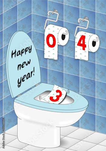 Conceptual and humorous illustration of the new year 2024 with a toilet