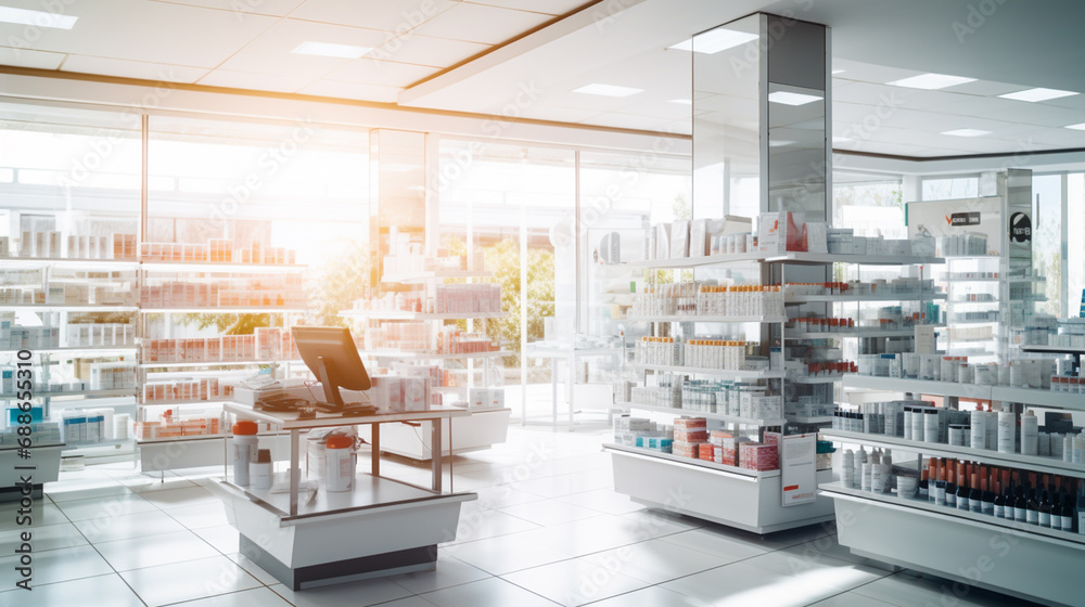 Pharmacy shelf with medicines in a pharmacy or hospital with natural light.  Innovative AI.