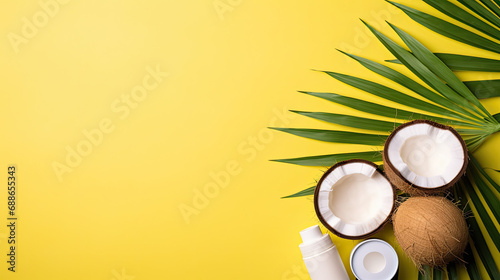 white sunscreen bottle cream jars cracked coconuts and palm leaves on isolated yellow background with copyspace, top view Summer holidays concept.