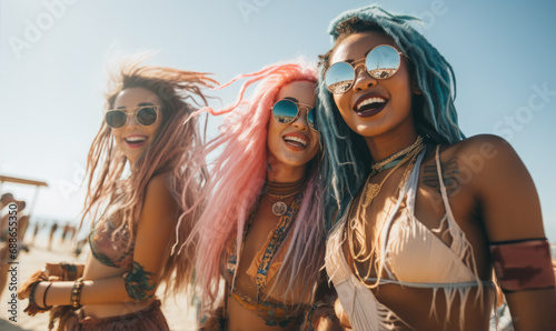 Beautiful crazy young women in brightly colored provocative clothes photo