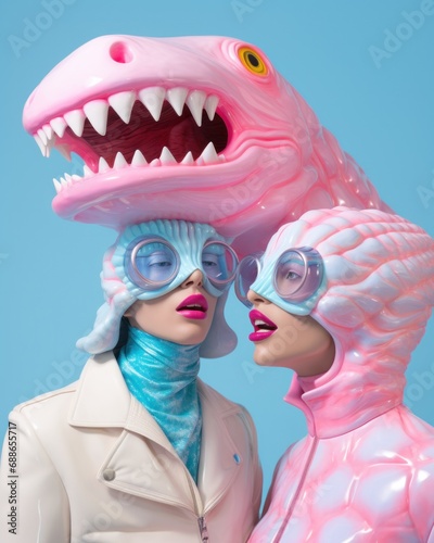 Two models, donning futuristic fashion, pose together, one with an oversized pink dinosaur headpiece
