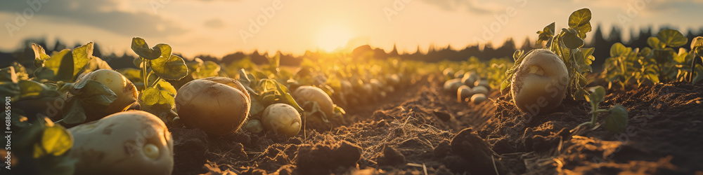 sunset over a potato field - obrazy, fototapety, plakaty 