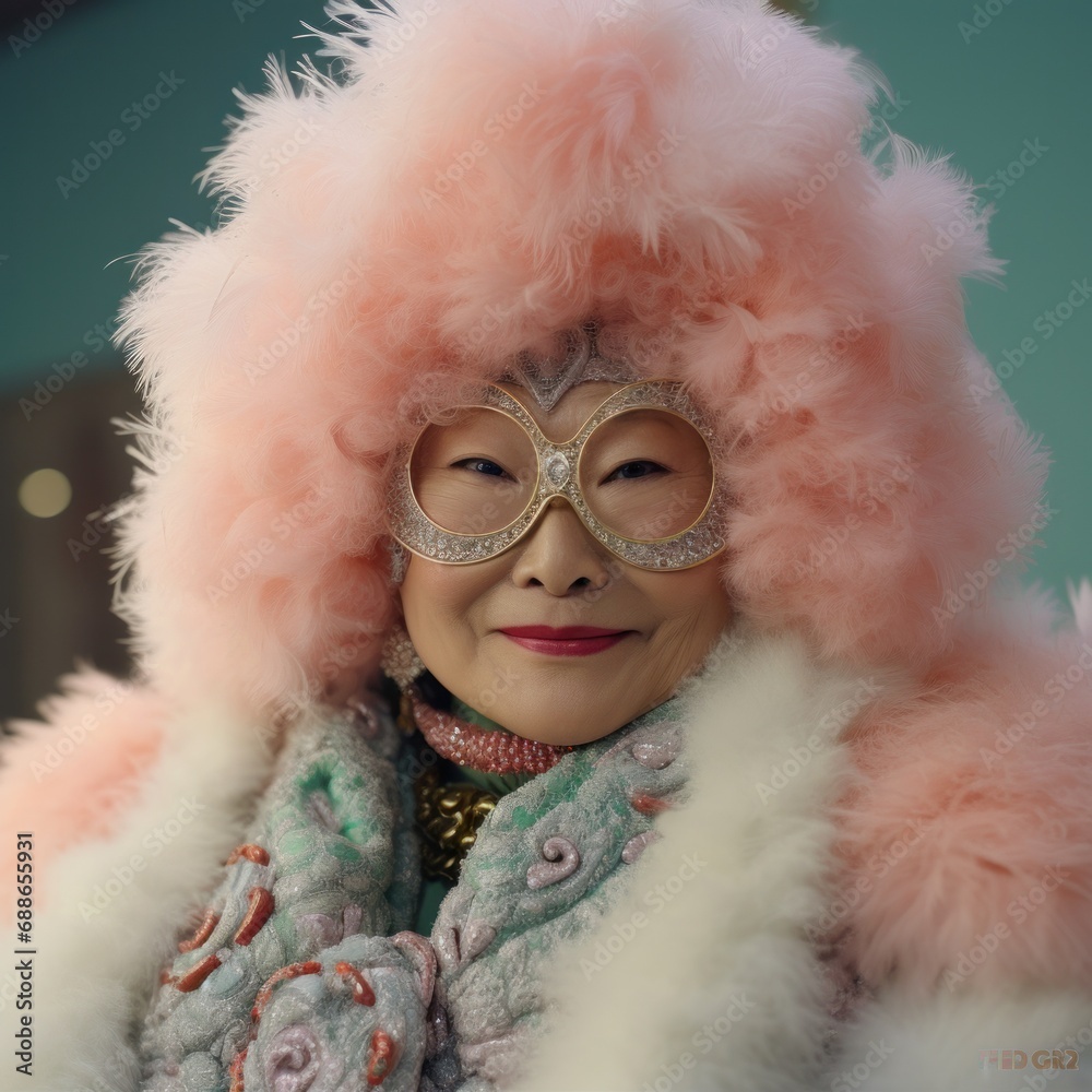 Captivating portrait of a smiling woman with fashionable glasses, wrapped in whimsical pastel-hued fluffy clothing Captivating portrait of a smiling woman with fashionable glasses, wrapped in whimsical pastel-hued fluffy clothing