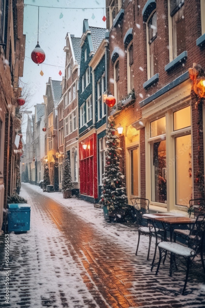 Festive ambiance as snow falls on a quaint european street adorned with christmas decorations at dusk