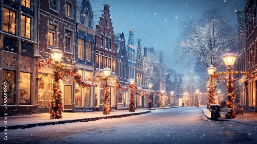 European town shimmering in the night, lit by street lamps and festive christmas decorations European town shimmering in the night, lit by street lamps and festive christmas decorations