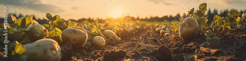 sunset over a potato field photo