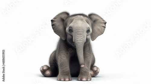 cute baby elephant sitting on white background. grey smiling elephant baby. generative ai