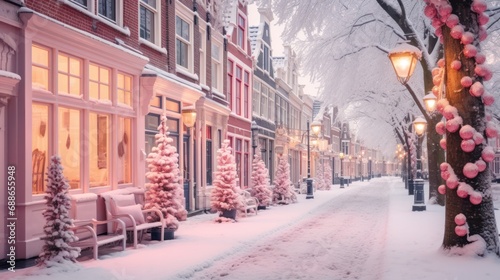A tranquil winter evening on a snow-laden street lined with historic houses and decorated trees © Glittering Humanity