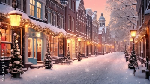Snowy evening on an enchanting street with festive holiday lights and a magical, warm glow