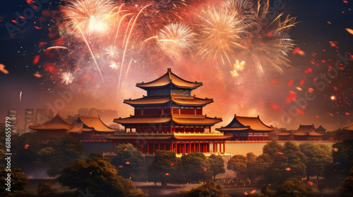 Fireworks burst over traditional Chinese temple during New Year's celebration