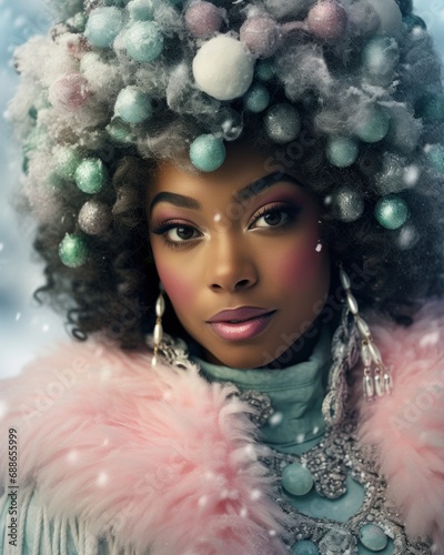 Chic woman with a creative winter headpiece composed of snowballs in a snowy setting