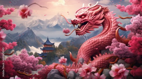 Majestic dragon amidst cherry blossoms and misty mountains for Chinese New Year © Ai Studio