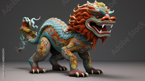 Vibrant Chinese lion statue in dynamic pose © Ai Studio