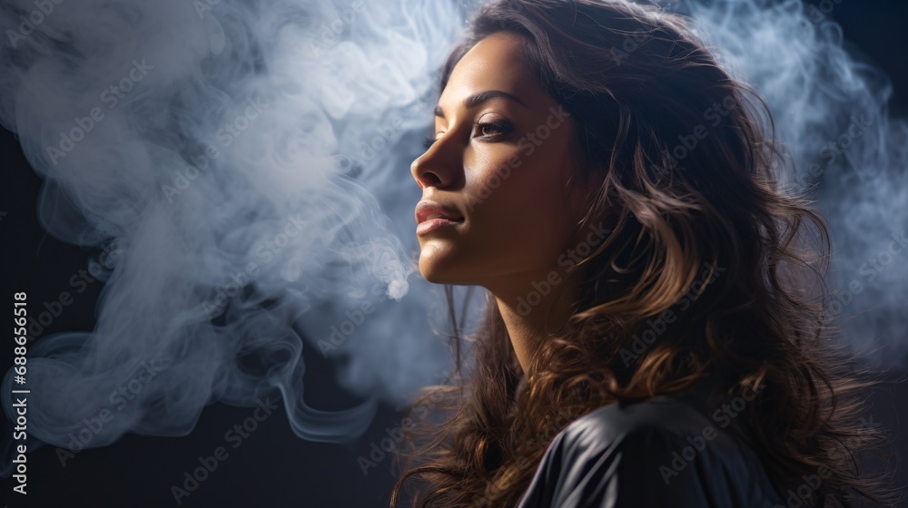a woman with her back to a smoke puffing up on her, wetcore