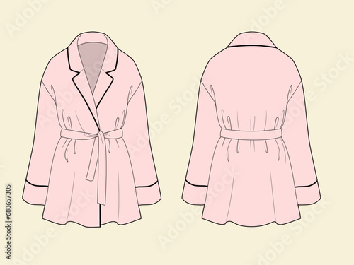 womens dressing gown, bath robe flat sketch vector illustration technical cad drawing template