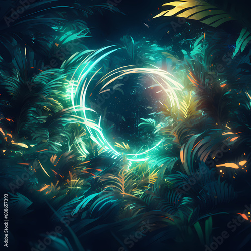 an abstract representation of a jungle with a whirlwind influenced by quantum elements, playing with shadows and light, forming dynamic and captivating shapes