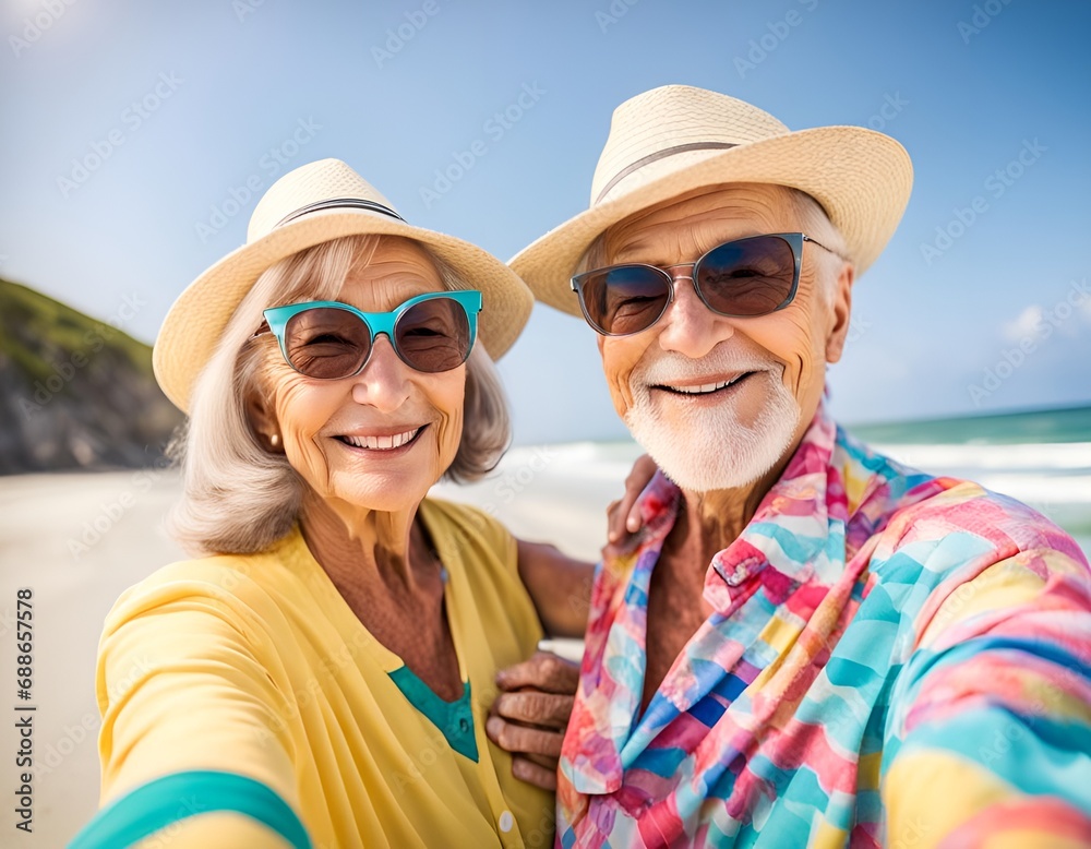 Retired couple enjoying their vacations doing a selfie at the beach