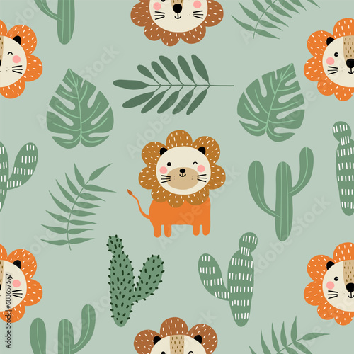 Seamless pattern with cute little lion  cactus and green leaves tropical for your fabric  children textile  nursery decoration  gift wrap paper  kids bedding  baby s shirt. Vector illustration