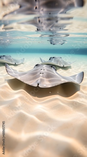 An image focusing on the close-up details of graceful stingrays gliding over the sandy ocean floor, background image, generative AI