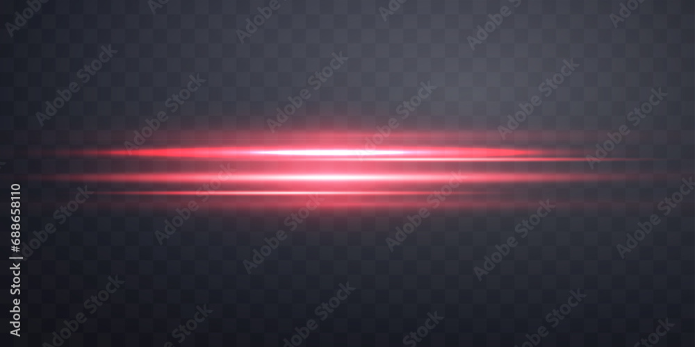Red horizontal lensflare. Light flash with rays or spotlight and bokeh. Red glow flare light effect. Vector illustration. Isolated on dark transparent background. - obrazy, fototapety, plakaty 