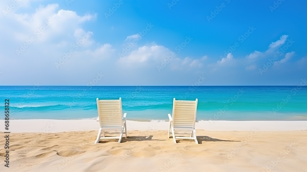 Two deck chairs for sunbathing on the beach, sunny beach view, clear sky. blue sky and white clouds