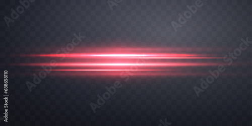 Red horizontal lensflare. Light flash with rays or spotlight and bokeh. Red glow flare light effect. Vector illustration. Isolated on dark transparent background.