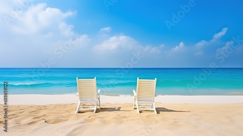Two deck chairs for sunbathing on the beach  sunny beach view  clear sky. blue sky and white clouds