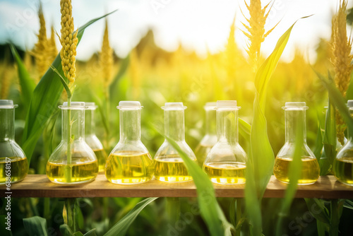 In the biotechnology science laboratory, a beaker and flask stand amidst vibrant green leaves, merging the precision of scientific research with the beauty of nature. Generative AI.