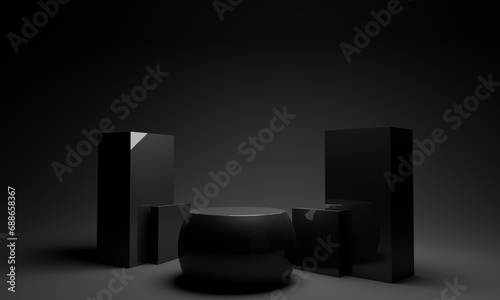 Black stone podium for product display.3d illustration. © CUPCO