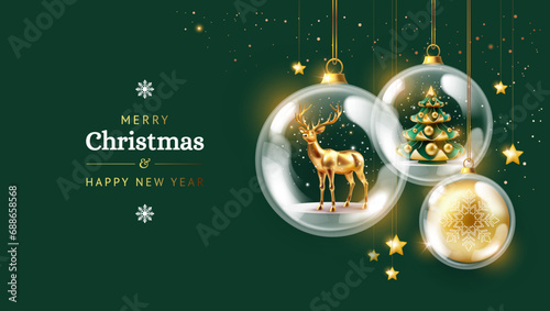 Christmas card background - christmas tree, deer, christmas balls and golden decorations on green background with shining lights - vector illustration