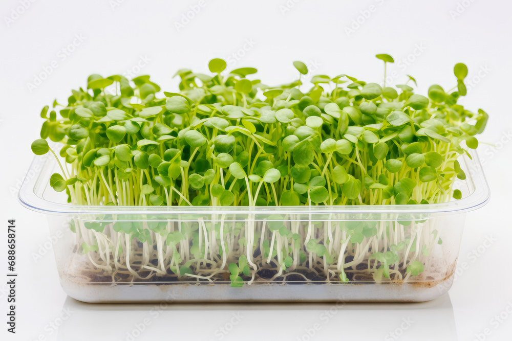 Young sprouts of microgreens in a transparent box on a white background. Isolated Young sprouts of microgreens in a transparent box on a white background. Isolated