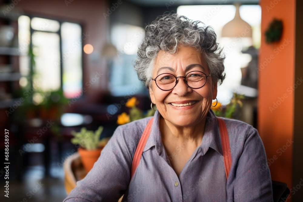 Obraz premium Senior Woman in a Cozy, Plant-Filled Cafe