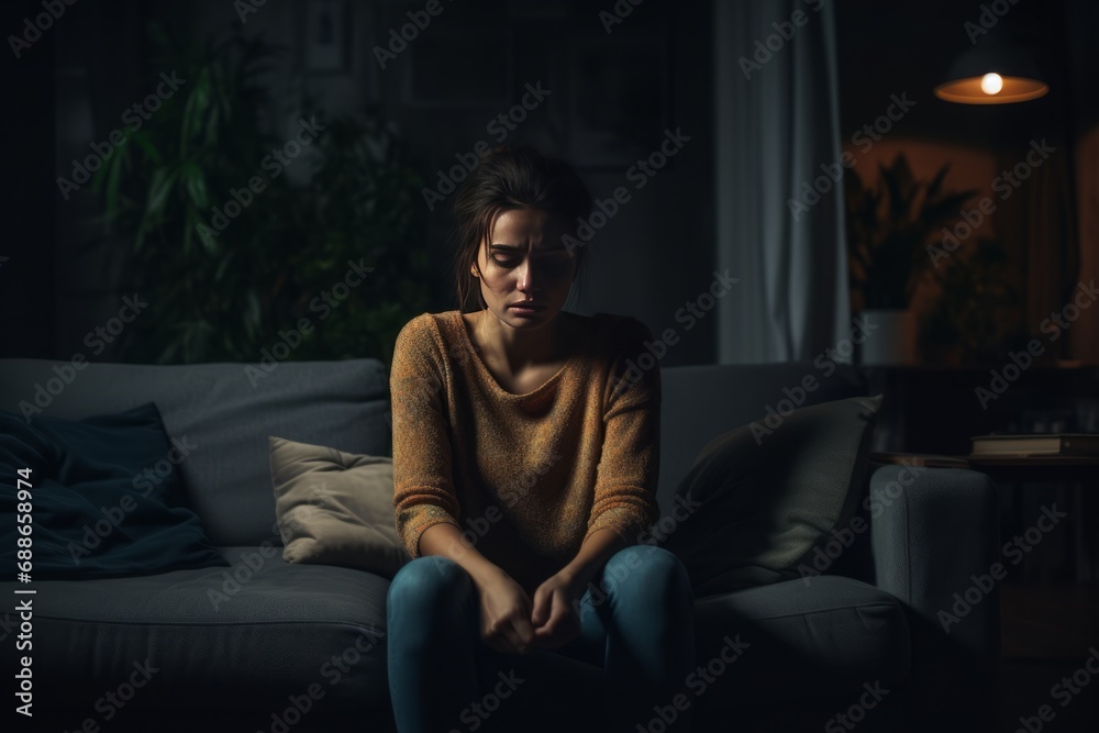 Fototapeta premium Young Woman Contemplating in Dimly Lit Room