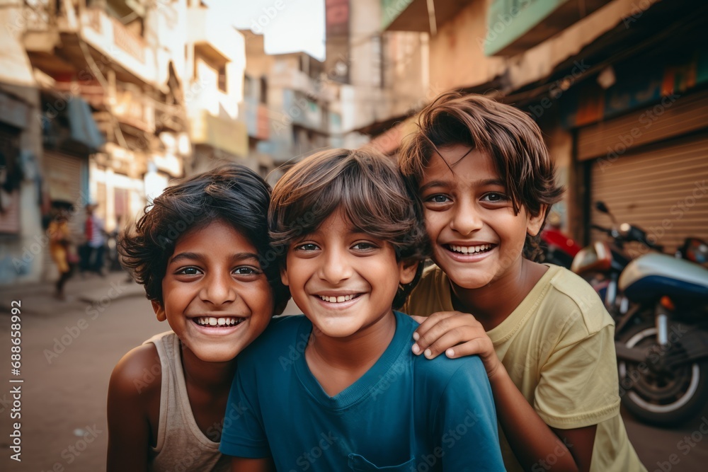 Three Children Sharing a Moment on a Busy Indian Street Three Children Sharing a Moment on a Busy Indian Street