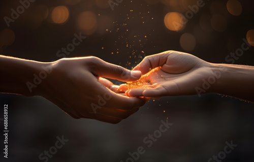 love concept represented by hands extended to each other on dark bokeh background photo