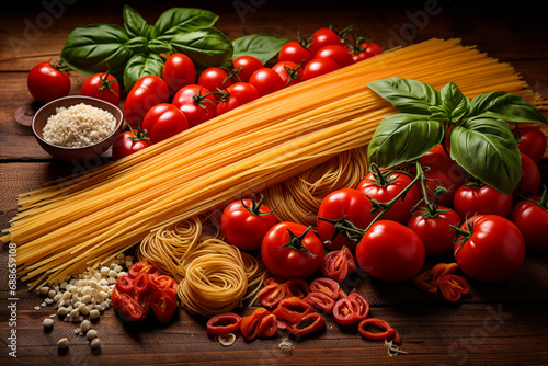 spaghetti lying on a dark wooden table, next to tomatoes, basil and seasonings, a banner concept for gastronomy and cooking,
