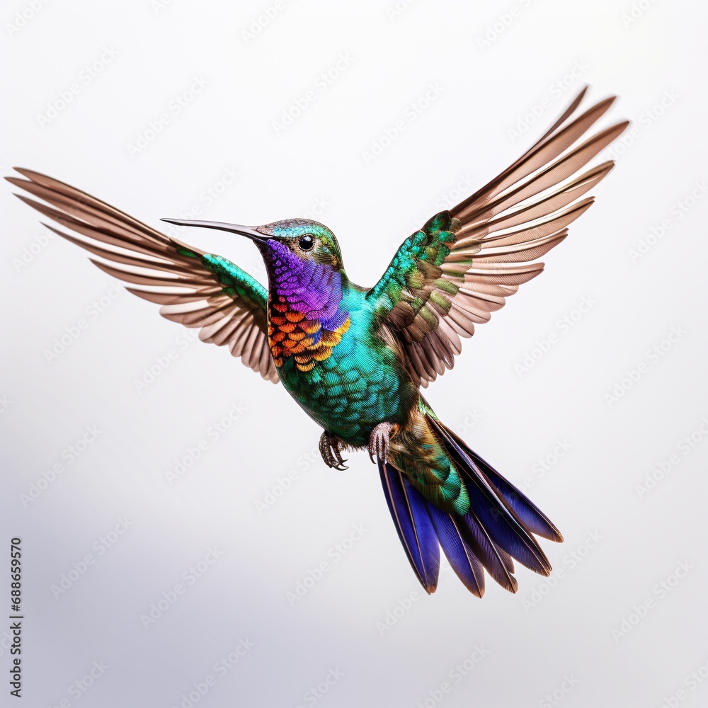 colorful hummingbird flying in the air, dark violet and bronze on white background