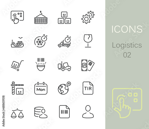 Logistics outline icons. Set of 20 logistics outline icons, vector illustrations.  It contains icons, such as cargo ship, forklift, calendar, sea container, scanner, scales, blast freezing and more.