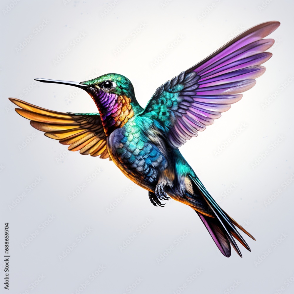 colorful hummingbird flying in the air, dark violet and bronze on white background colorful hummingbird flying in the air, dark violet and bronze on white background
