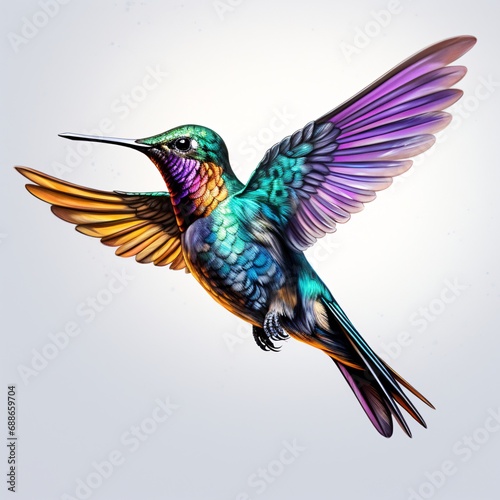 colorful hummingbird flying in the air, dark violet and bronze on white background